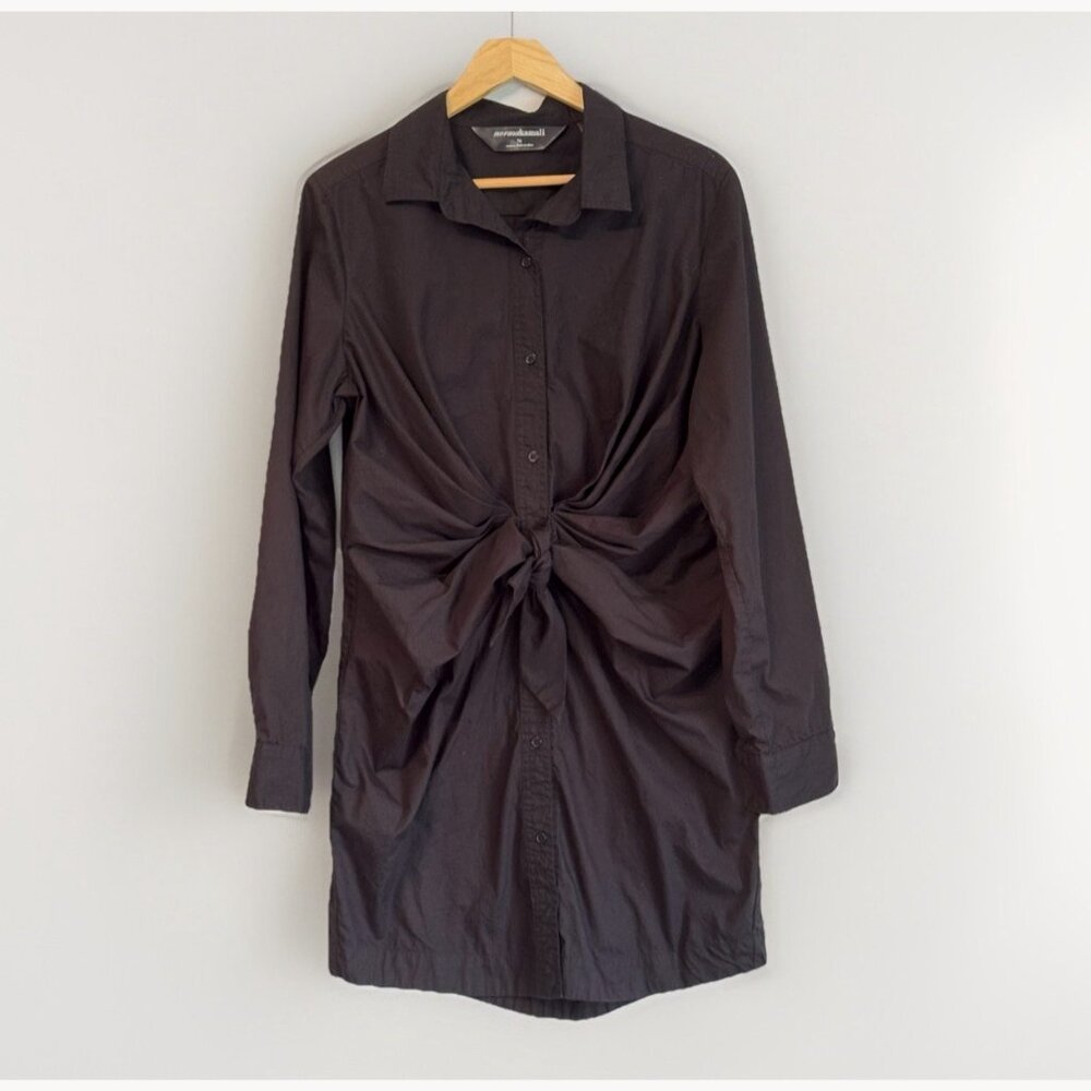 Norma Kamali Women's Black Poplin Front Tie Shirt Dress Large Minimalist Office